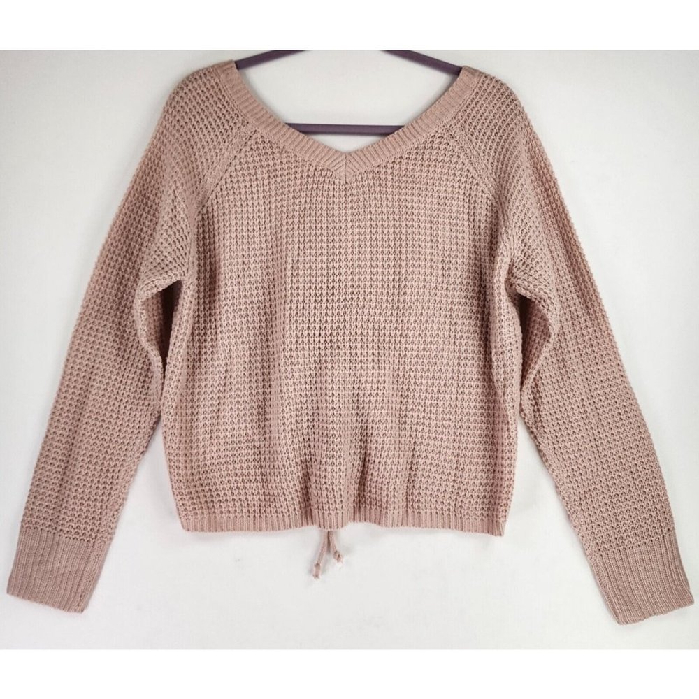 Full Circle Trends Sweater Womens XL Pink Cropped Preppy Cinched Waffle Knit Top - Picture 2 of 13